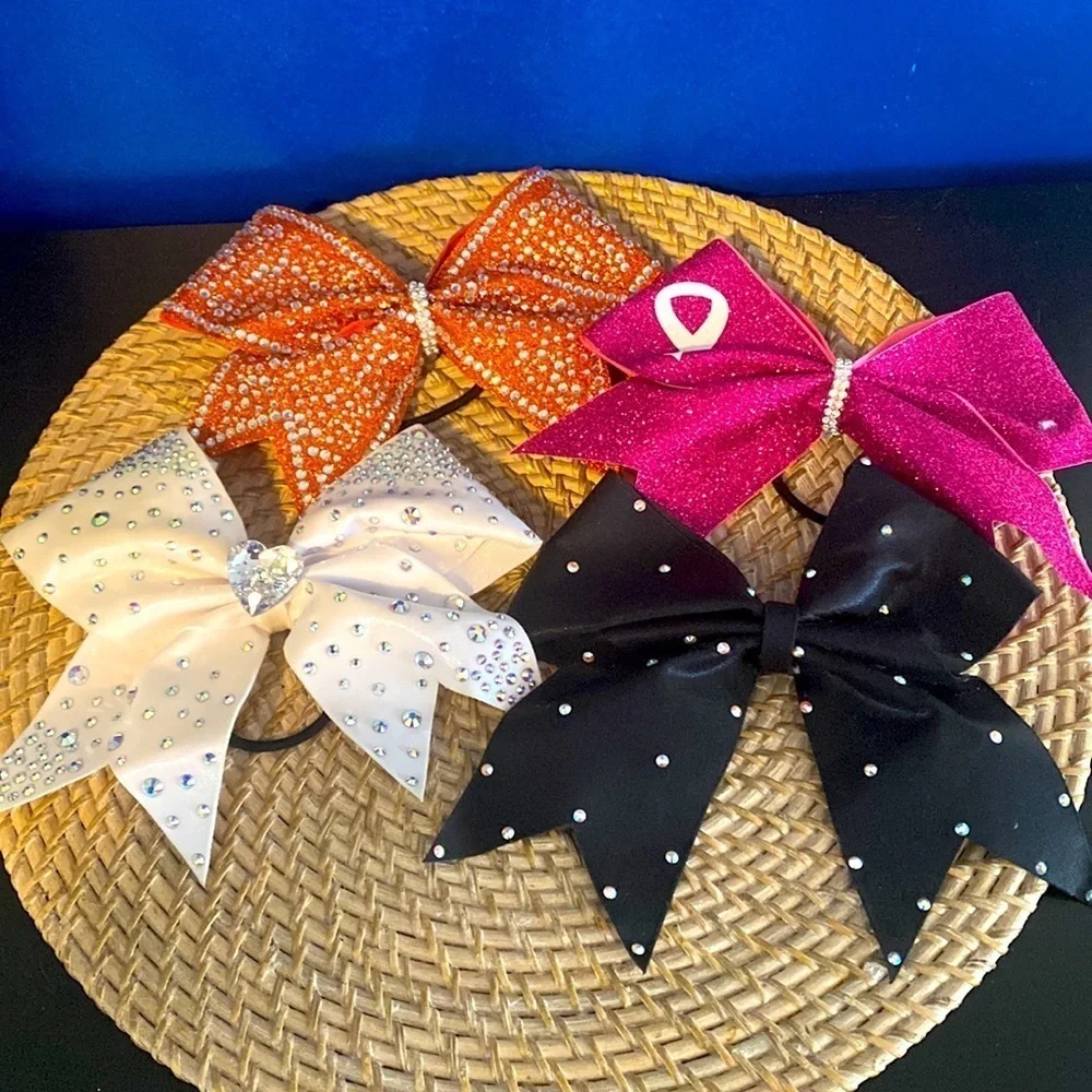 Girl’s Set of 4 Black, White, Orange and Pink Sequined Cheerleading Bows